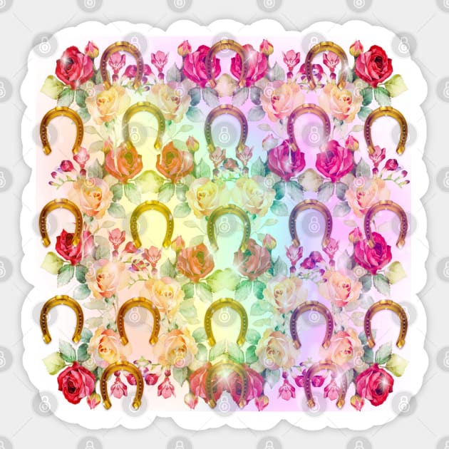 Pattern. Roses, Gold Horseshoes and Rainbow Sticker by KC Morcom aka KCM Gems n Bling aka KCM Inspirations